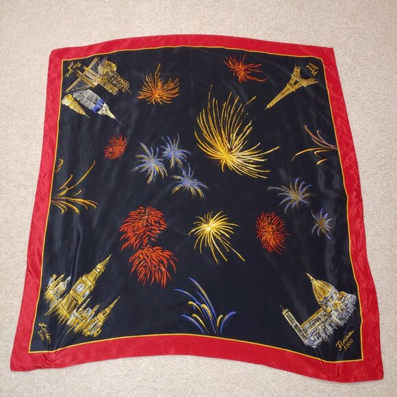 Liz Claiborne New Year 2000 Celebration !00% Silk Scarf Black Red OS